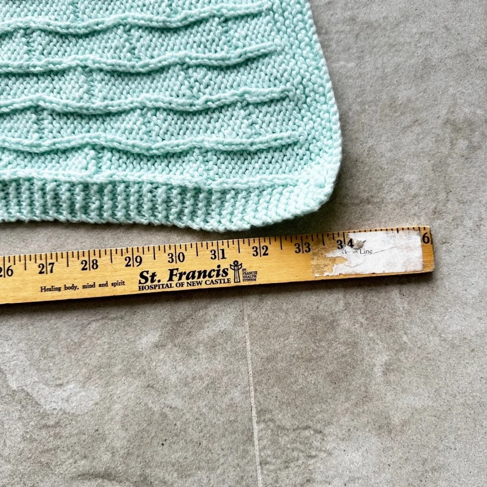 Handmade Mint Green Knit Baby Blanket Basketweave Textured Nursery Throw 33x33